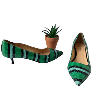 Sesto Meucci Beitris Snakeskin Pumps Womens Shoes Size 11B Green Kitten Heel